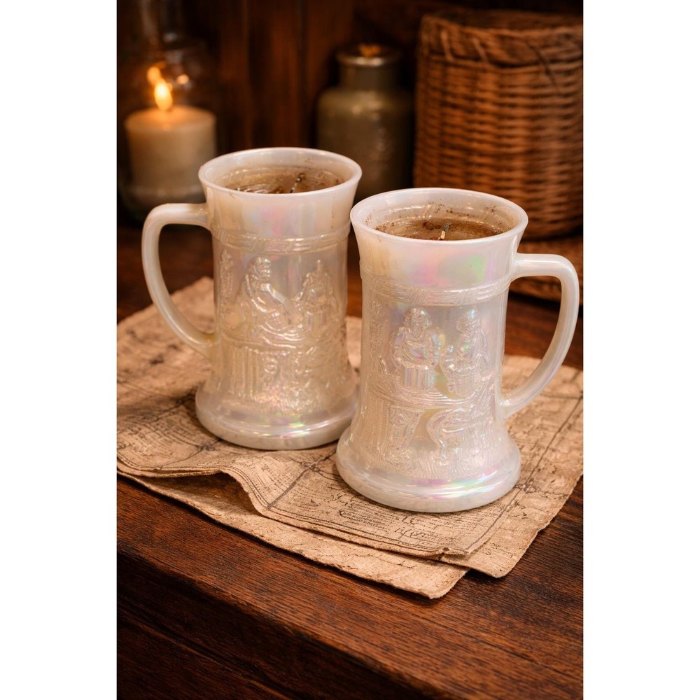 Vintage Colonial Village Iridescent Milk Glass Mug Candle Holders Set of 2 White